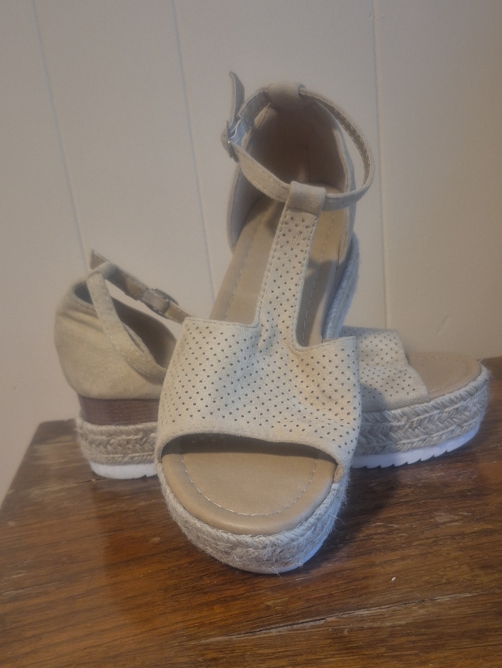 Forever 21 Neutral Beige Perforated Espadrille Wedge Sandals
